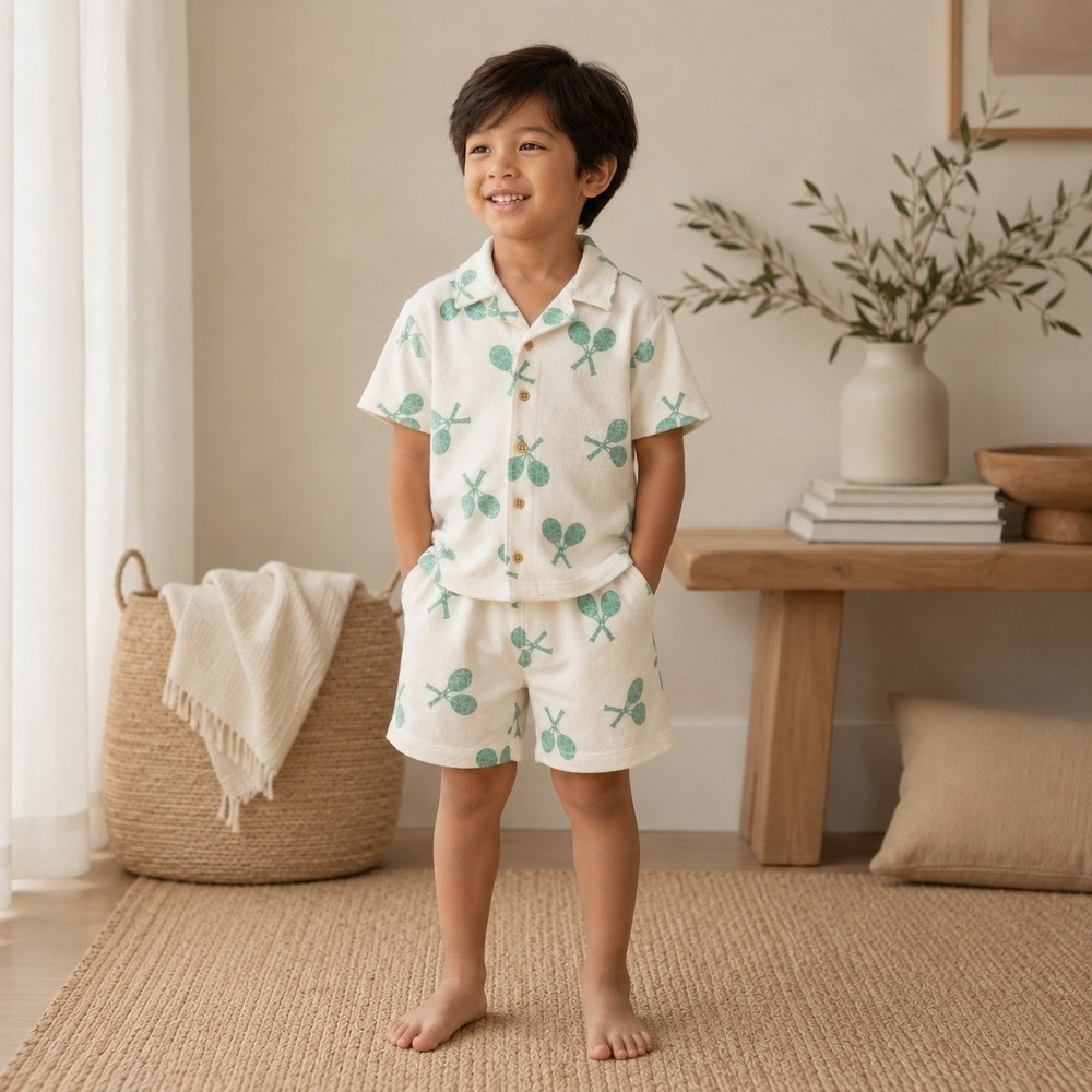 Grayson Mini 18M Terry Cloth Tennis Racket Print Shirt and Shorts Set Off White